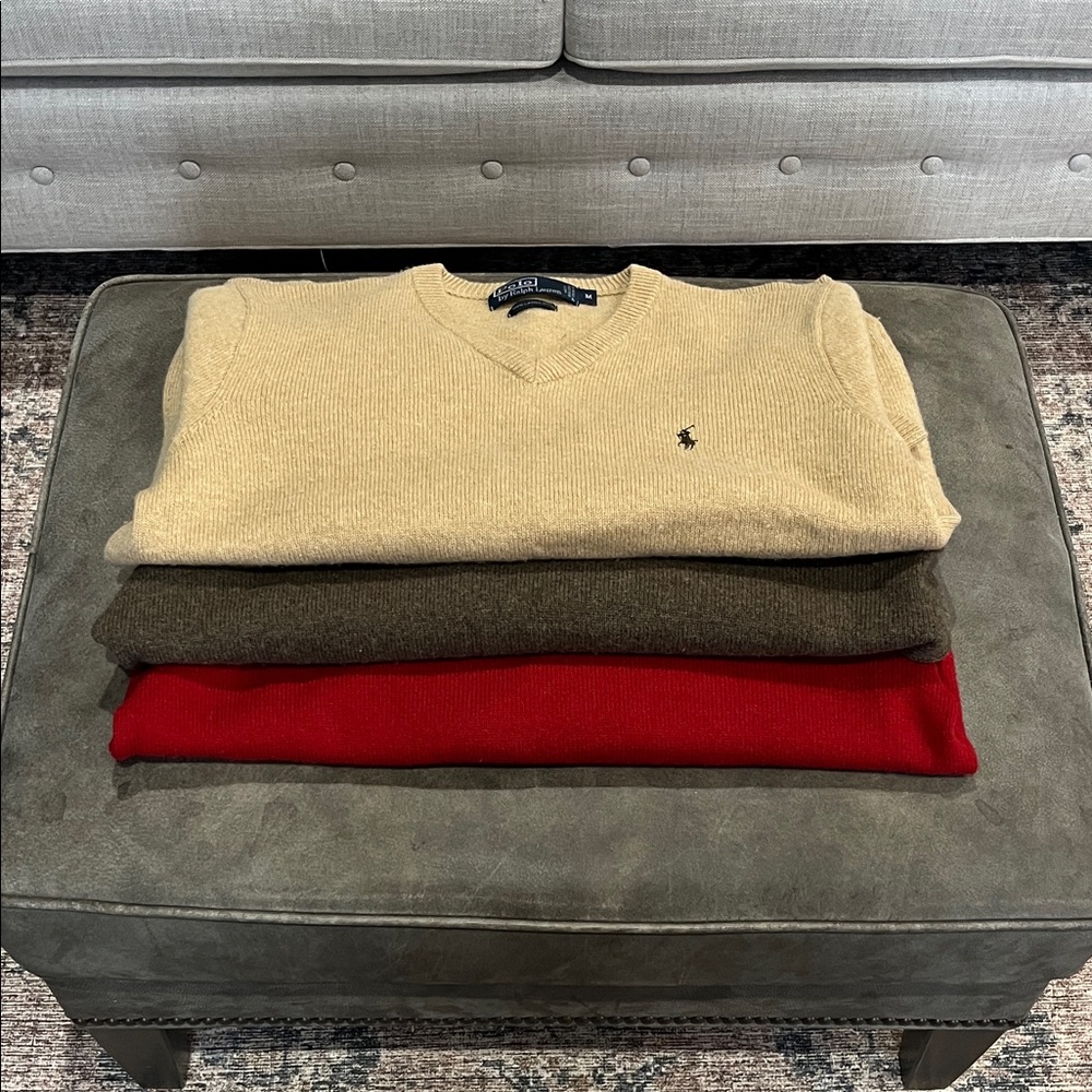 Polo by Ralph Lauren V-Neck Sweaters (lot of 3)- Tan, Brown, Red